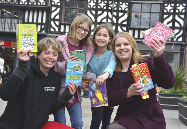 Sophie Peach (BookFest chair),  Flora Blackman (10), Bella Christopher (8) and Danielle Goffe-Wood at Bookfest Shrewsbury